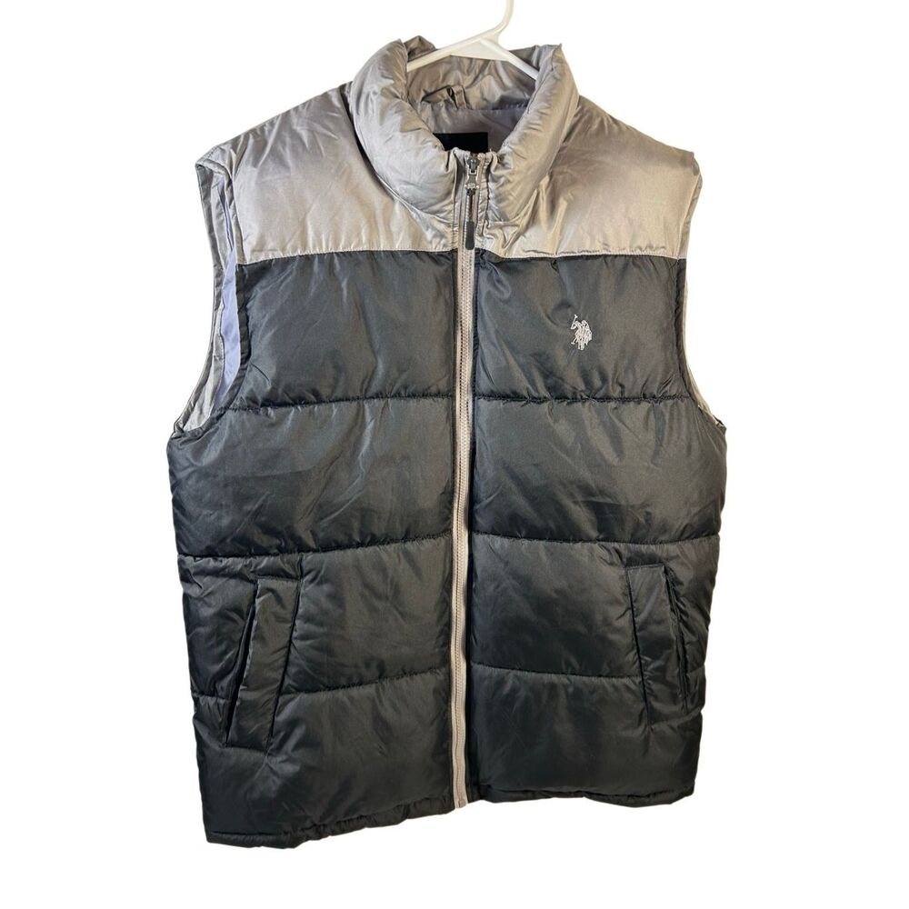 Polo Assn zipper‎ puffer vest Mens Medium black gray colorblock